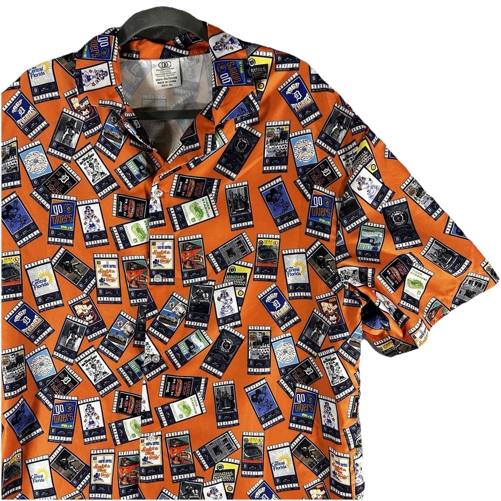 Detroit Tigers AOP Shirt Mens 2XL Orange 1968 World‎ Series Ticket Print Vintage